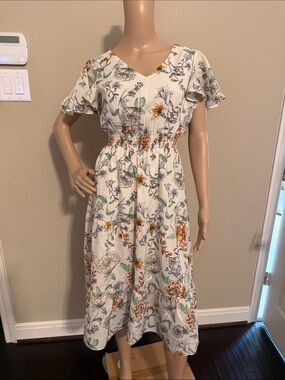 Floral V-Neck Midi Dress in Cream with Orange & Green Print size Small